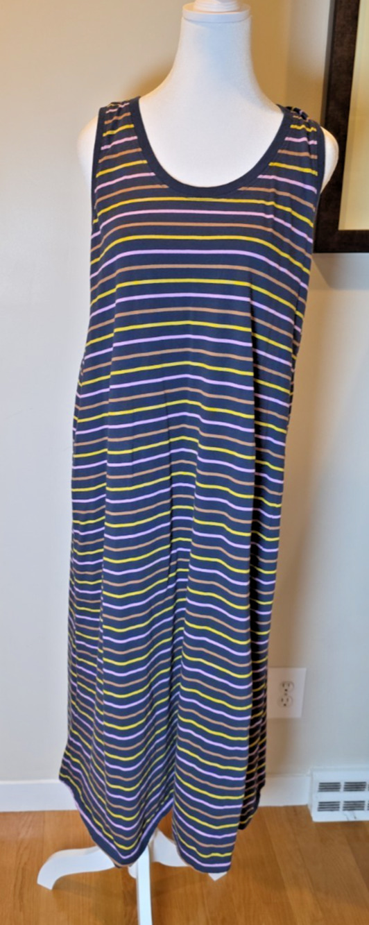 Pact Organic Cotton Striped Sleeveless Midi Dress Blue Pink Yellow Brown Coastal